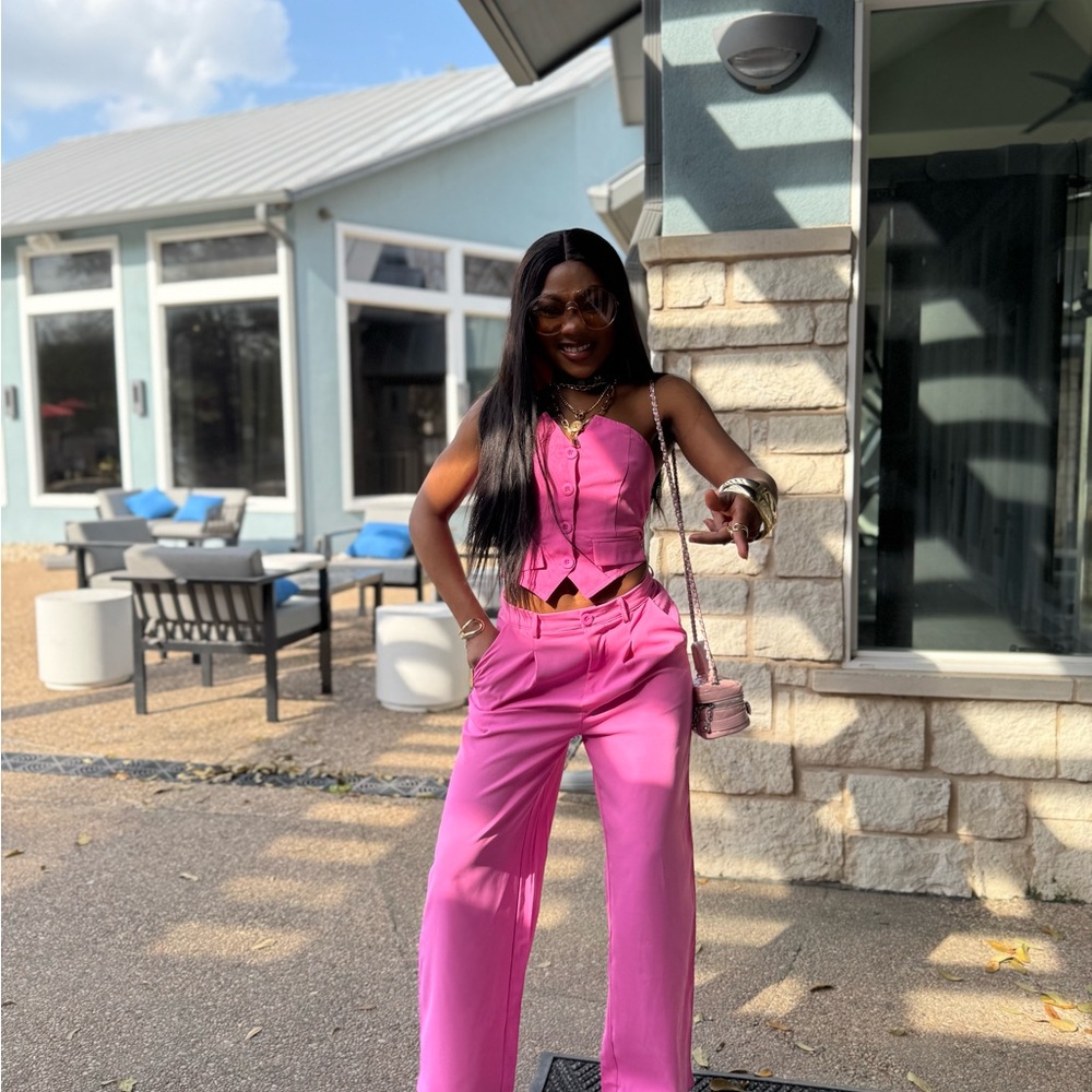 SHEIN Pink Corset Top & Wide-Leg Pants Two-Piece Set